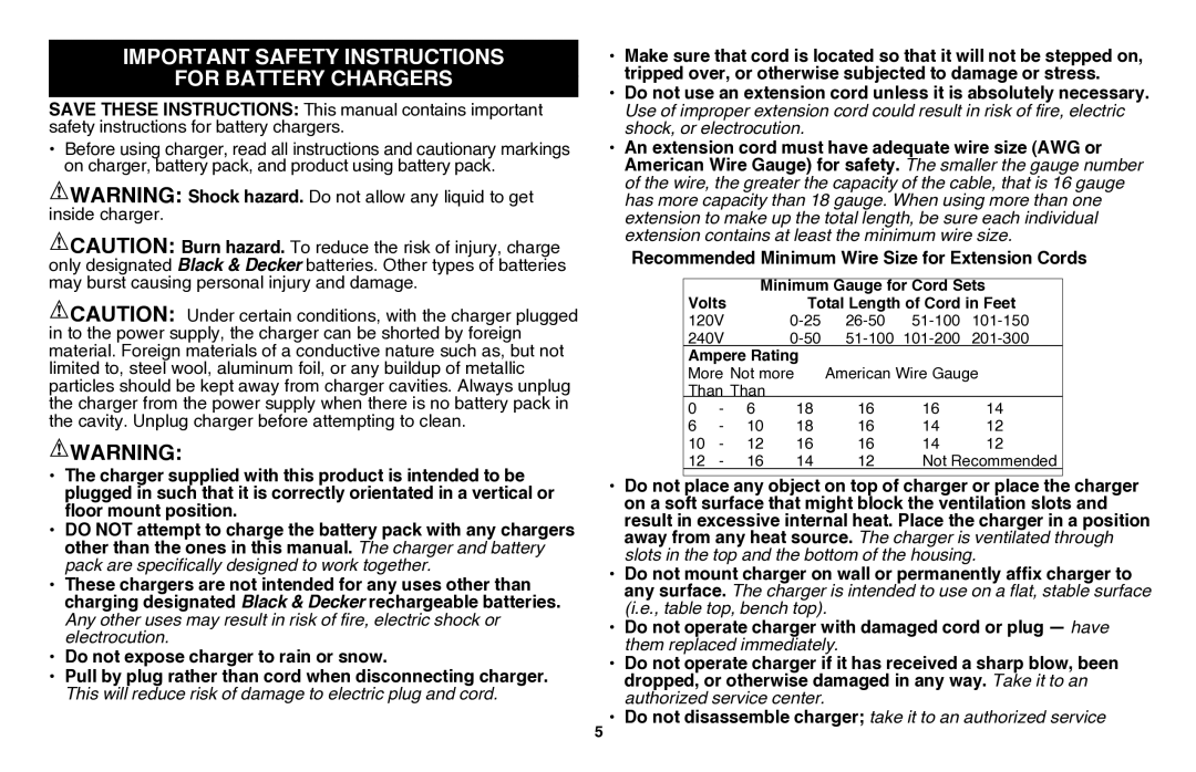 Black & Decker LHT2220, CHH2220 instruction manual Important safety instructions For battery chargers 