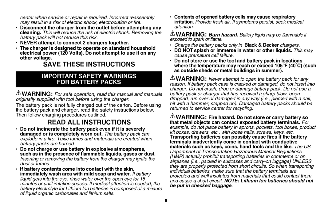 Black & Decker CHH2220, LHT2220 instruction manual Read all Instructions, Important safety warnings For battery packs 