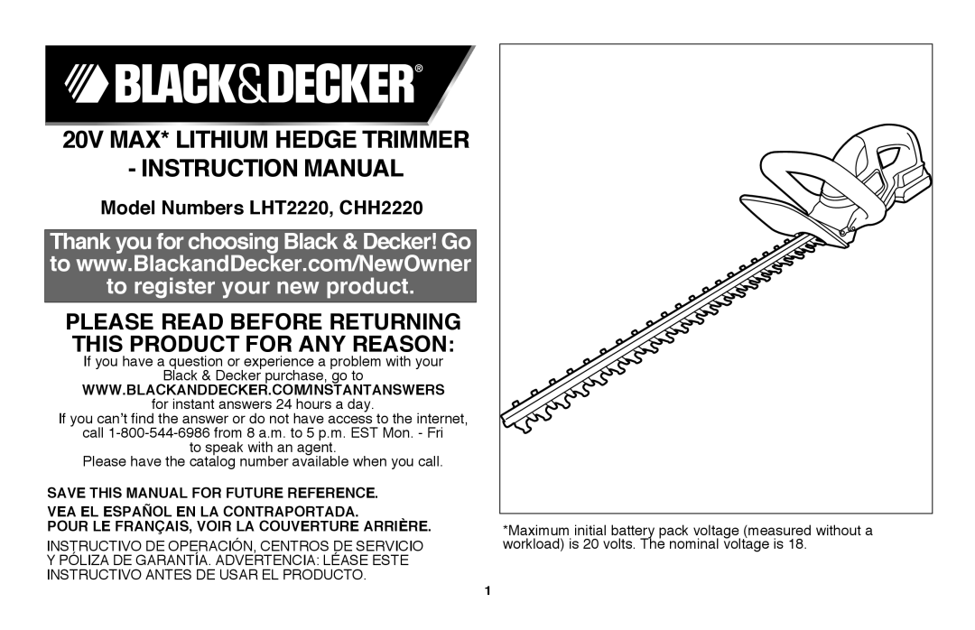 Black & Decker instruction manual Instructionmanual, 20V MAX* LITHIUM HEDGETRIMMER, Model Numbers LHT2220, CHH2220 