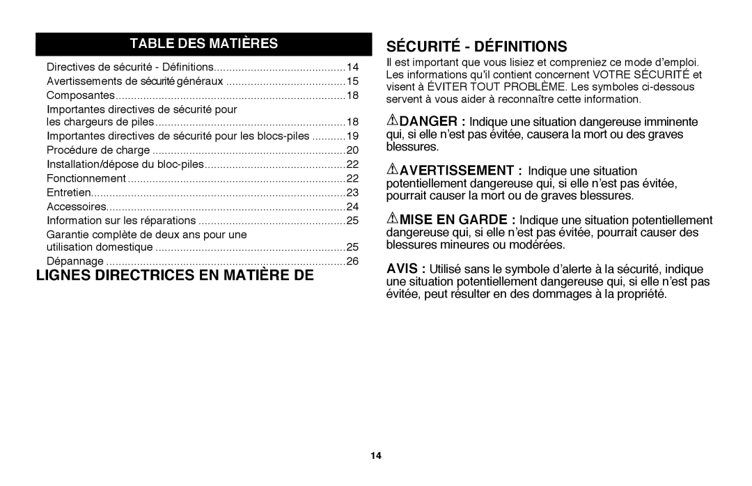 Black & Decker CHH2220, LHT2220 lignes directrices en matière de, sécurité - définitions, Table Des Matières 