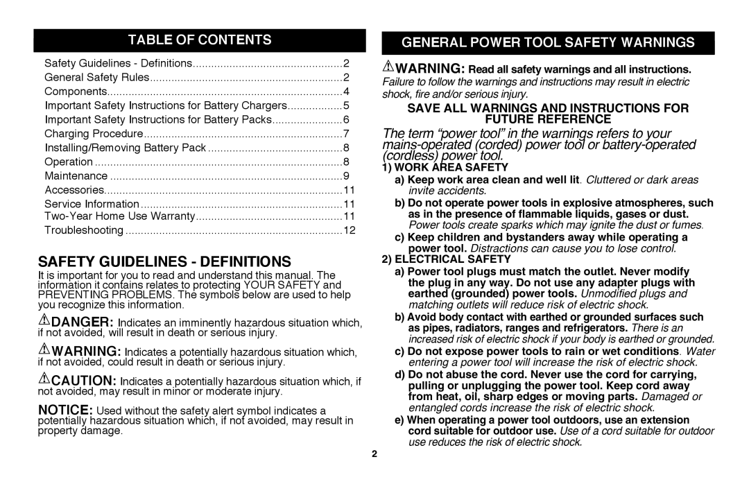 Black & Decker CHH2220, LHT2220 Safety Guidelines - Definitions, Table of Contents, general power tool safety warnings 