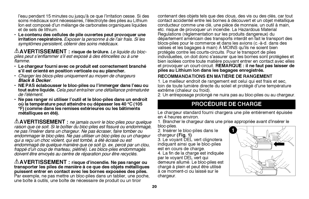 Black & Decker CHH2220, LHT2220 instruction manual Procédure de charge 