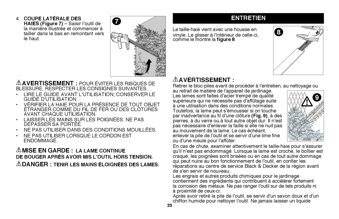 Black & Decker LHT2220, CHH2220 instruction manual Entretien, Mise En Garde La Lame Continue, Avertissement 