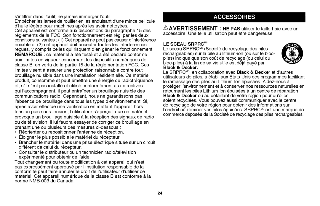 Black & Decker CHH2220, LHT2220 instruction manual Accessoires, Le sceau SRPRCMC, Black & Decker 