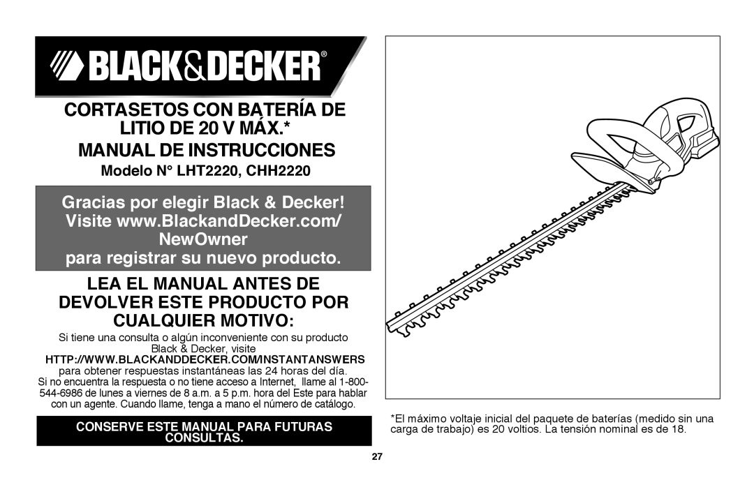 Black & Decker LHT2220, CHH2220 CORTASETOS CON BATERÍA DE LITIO DE 20 V MÁX, Manual De Instrucciones, cualquier motivo 