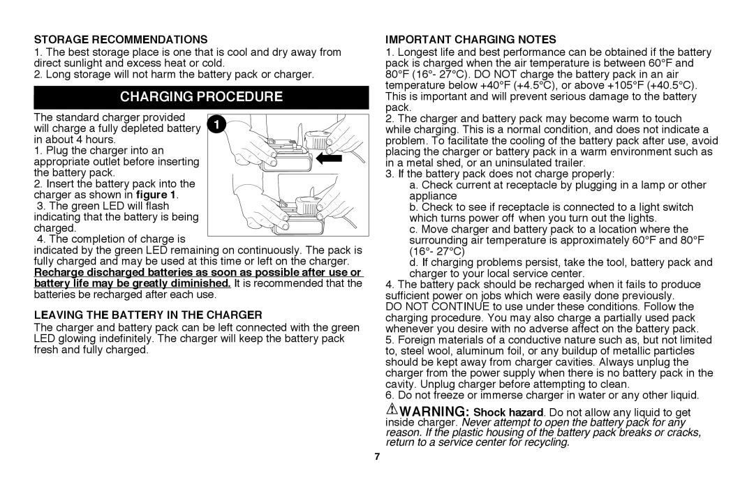 Black & Decker LHT2220, CHH2220 Charging Procedure, Storage Recommendations, Leaving the battery in the charger 