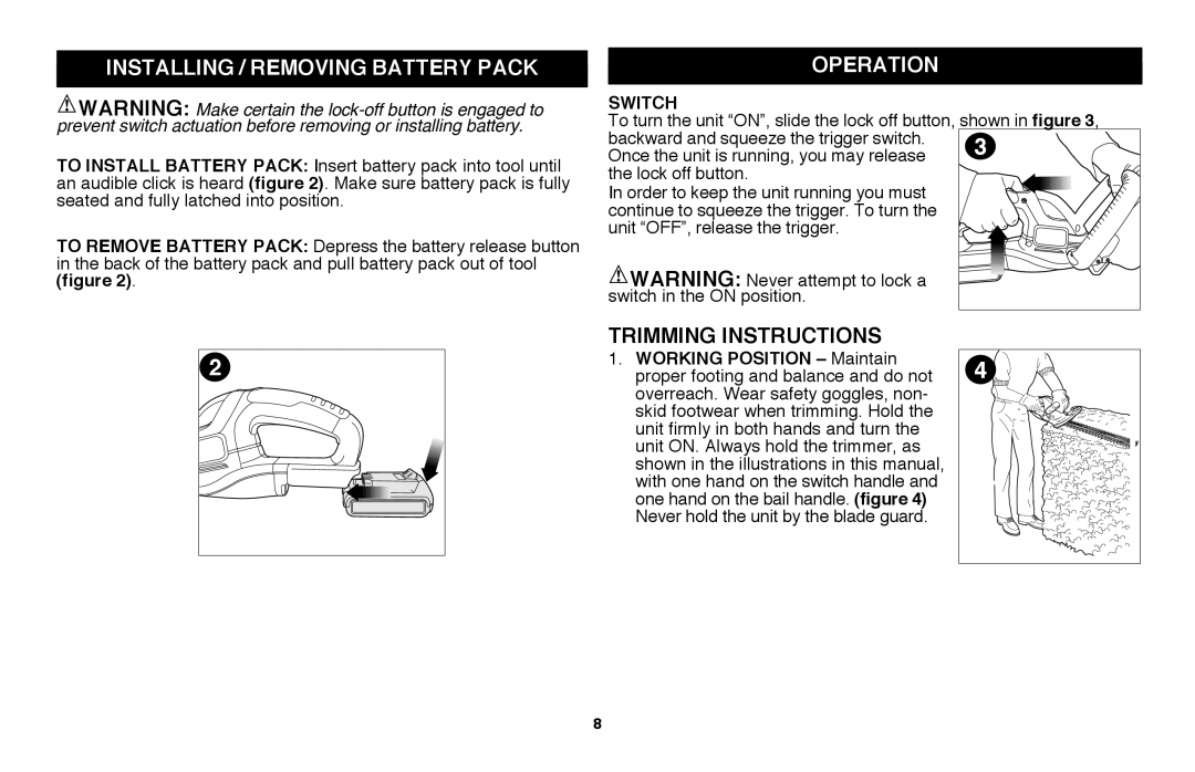 Black & Decker CHH2220, LHT2220 instruction manual Installing / Removing Battery Pack, operation, Trimming Instructions 