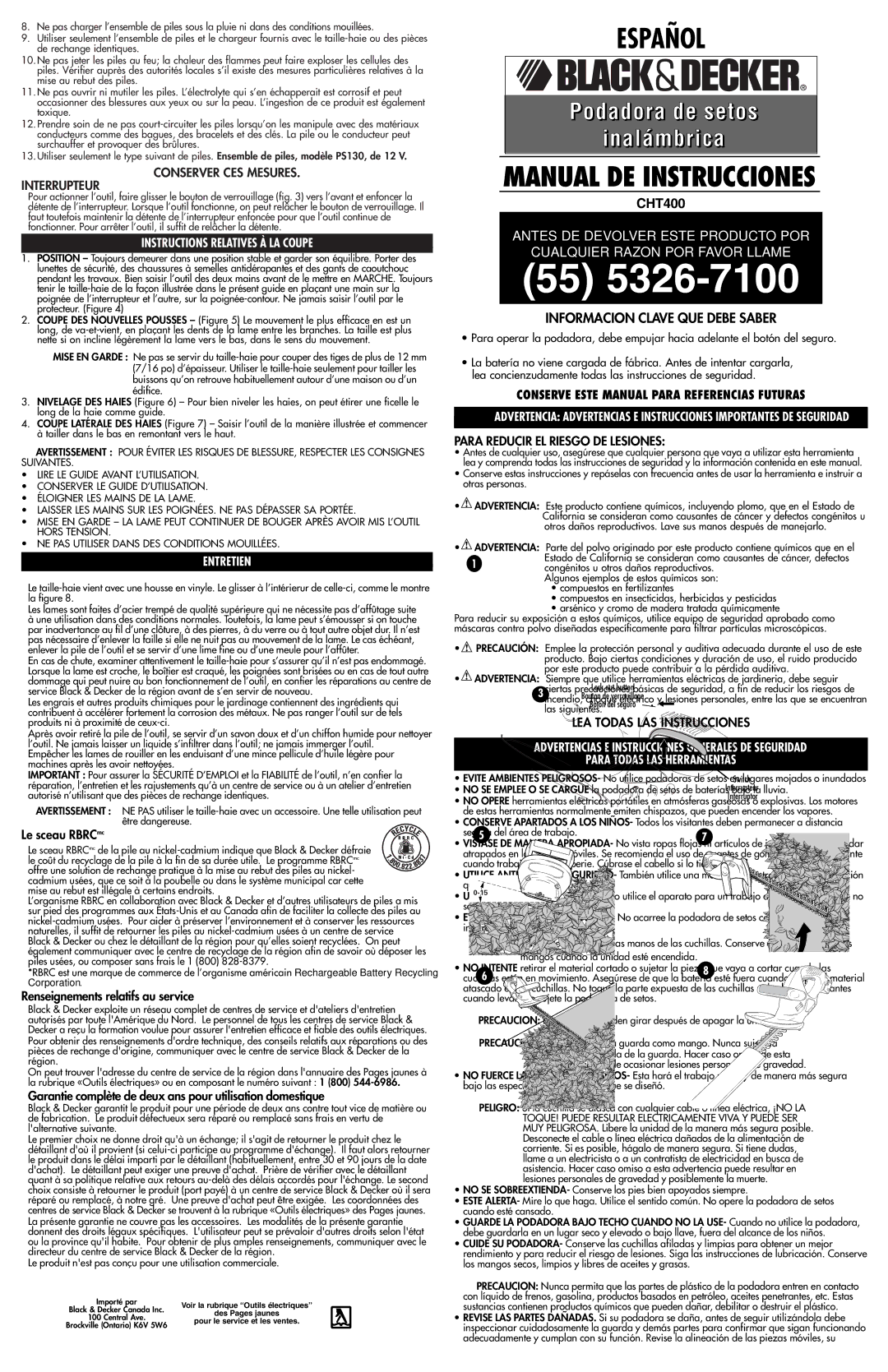 Black & Decker 583994-01, CHT400 Instructions Relatives À LA Coupe, Entretien, Para Reducir EL Riesgo DE Lesiones 