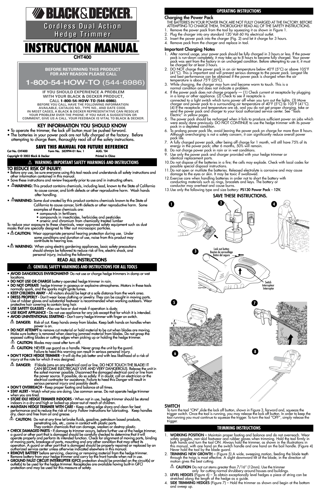 Black & Decker 583994-01 instruction manual Instruction Manual, CHT400, Key Information You Should Know, Switch, How-To 