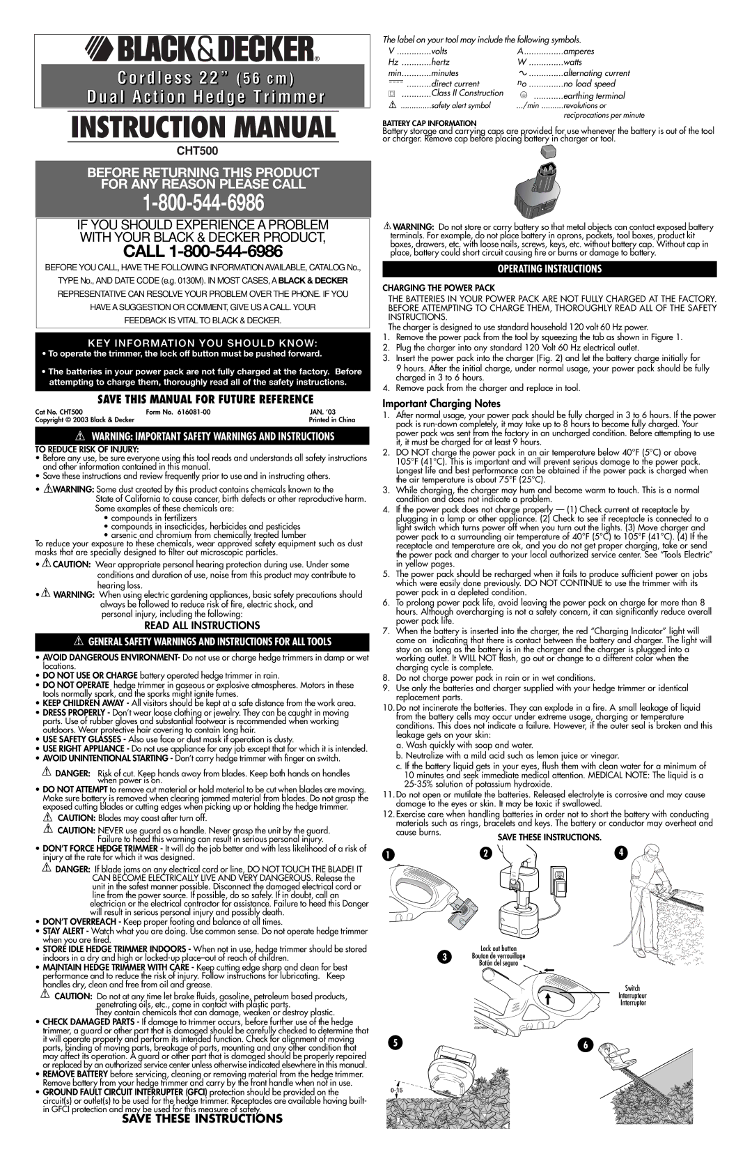 Black & Decker 616081-00 instruction manual Operating Instructions, Important Charging Notes, To Reduce Risk of Injury 