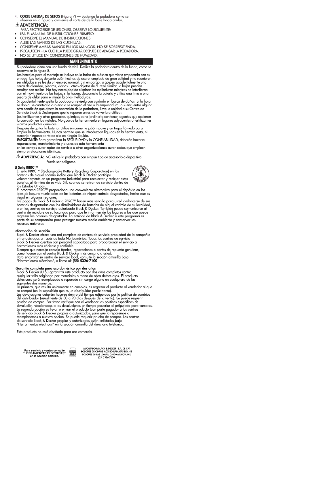 Black & Decker 616081-00, CHT500 instruction manual Advertencia, Mantenimiento 