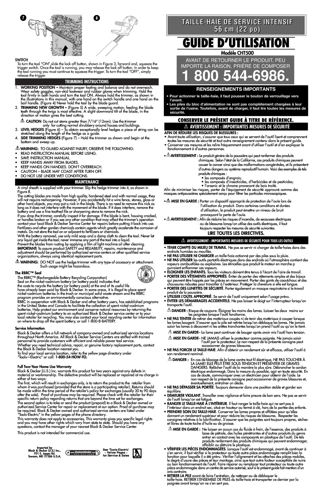 Black & Decker CHT500 56 cm 22 po, Taille-Haie De Service Intensif, Renseignements Importants, Trimming Instructions 