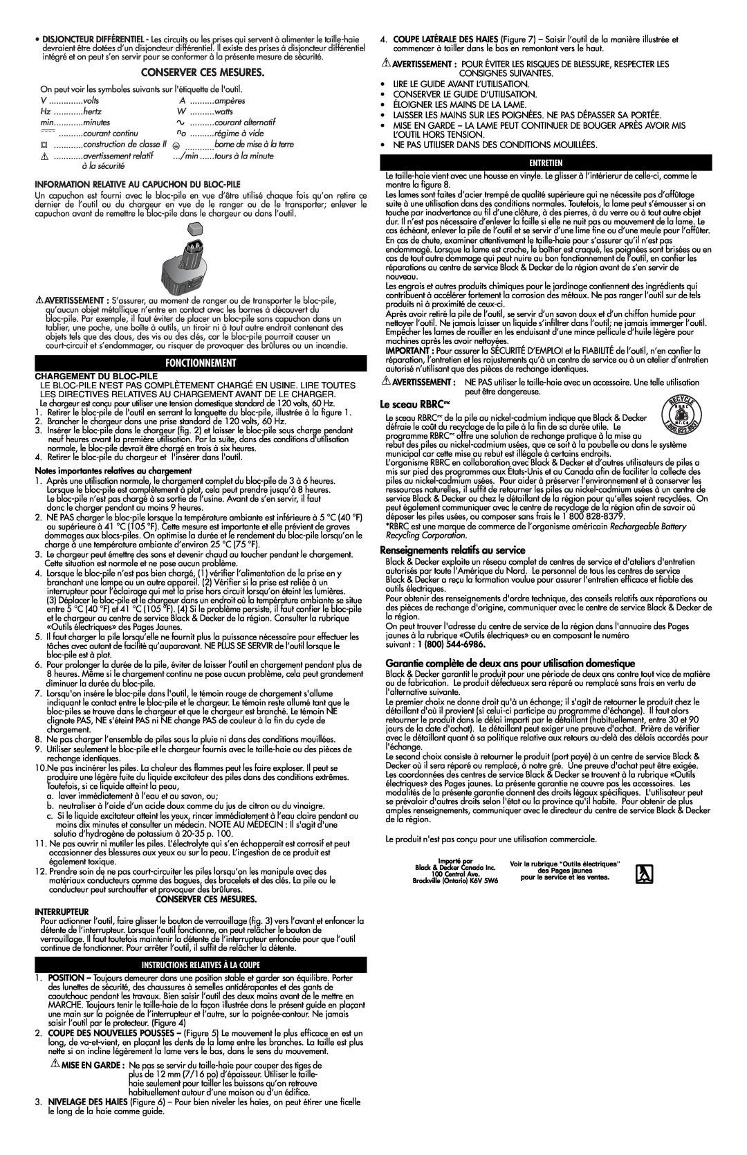 Black & Decker 616081-00 Conserver Ces Mesures, Fonctionnement, Le sceau RBRCmc, Renseignements relatifs au service 