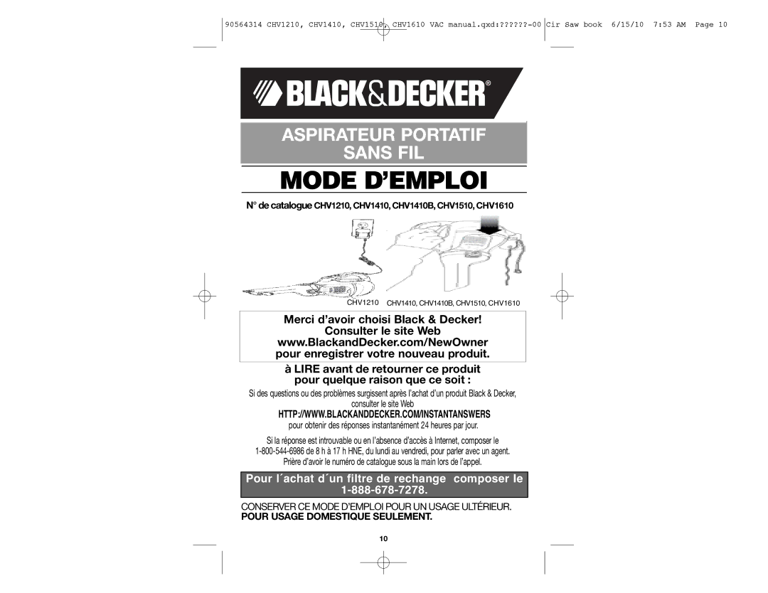 Black & Decker instruction manual Mode D’EMPLOI, De catalogue CHV1210, CHV1410, CHV1410B, CHV1510, CHV1610 