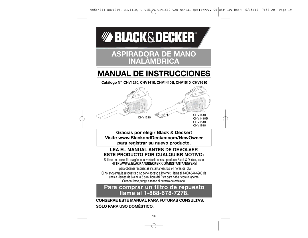 Black & Decker CHV1410B, CHV1510, CHV1610, CHV1210 instruction manual Manual DE Instrucciones 