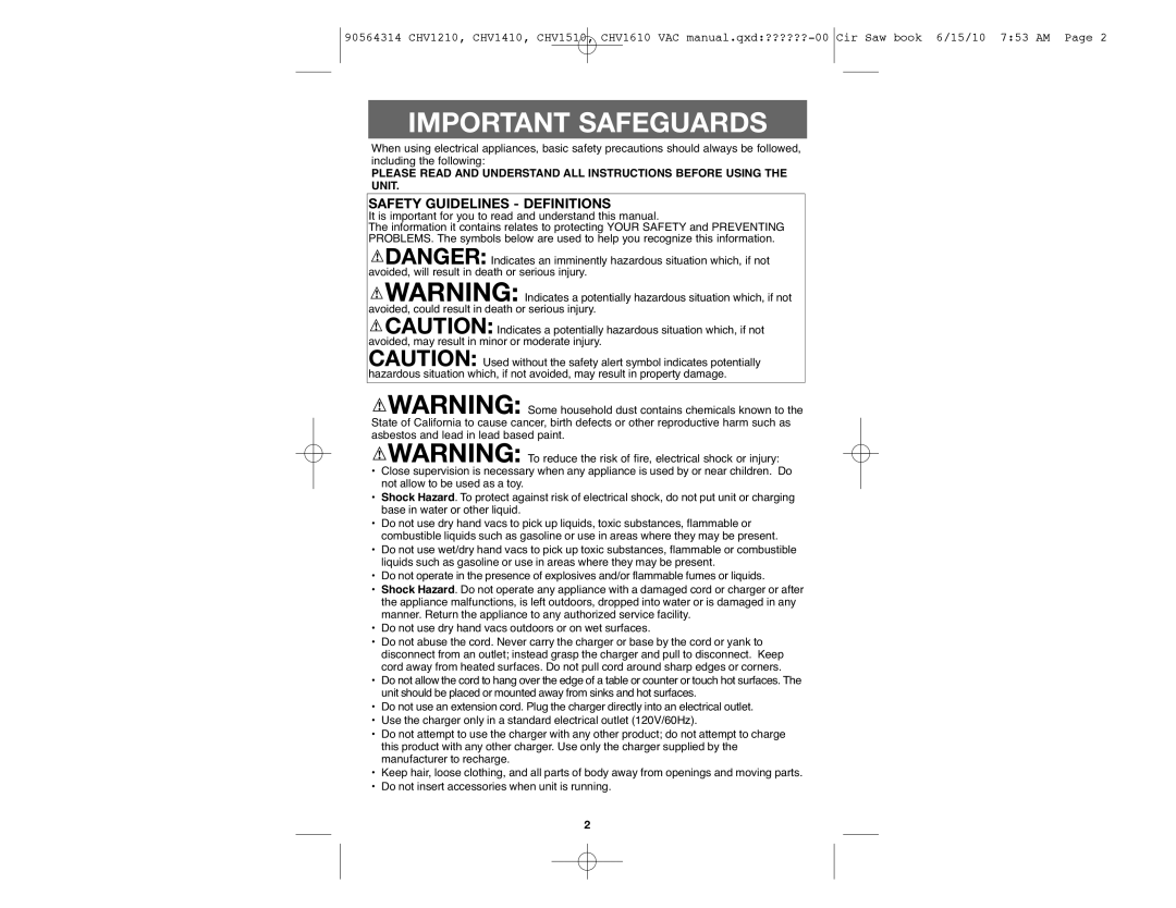 Black & Decker CHV1510, CHV1610, CHV1210, CHV1410B instruction manual Important Safeguards 