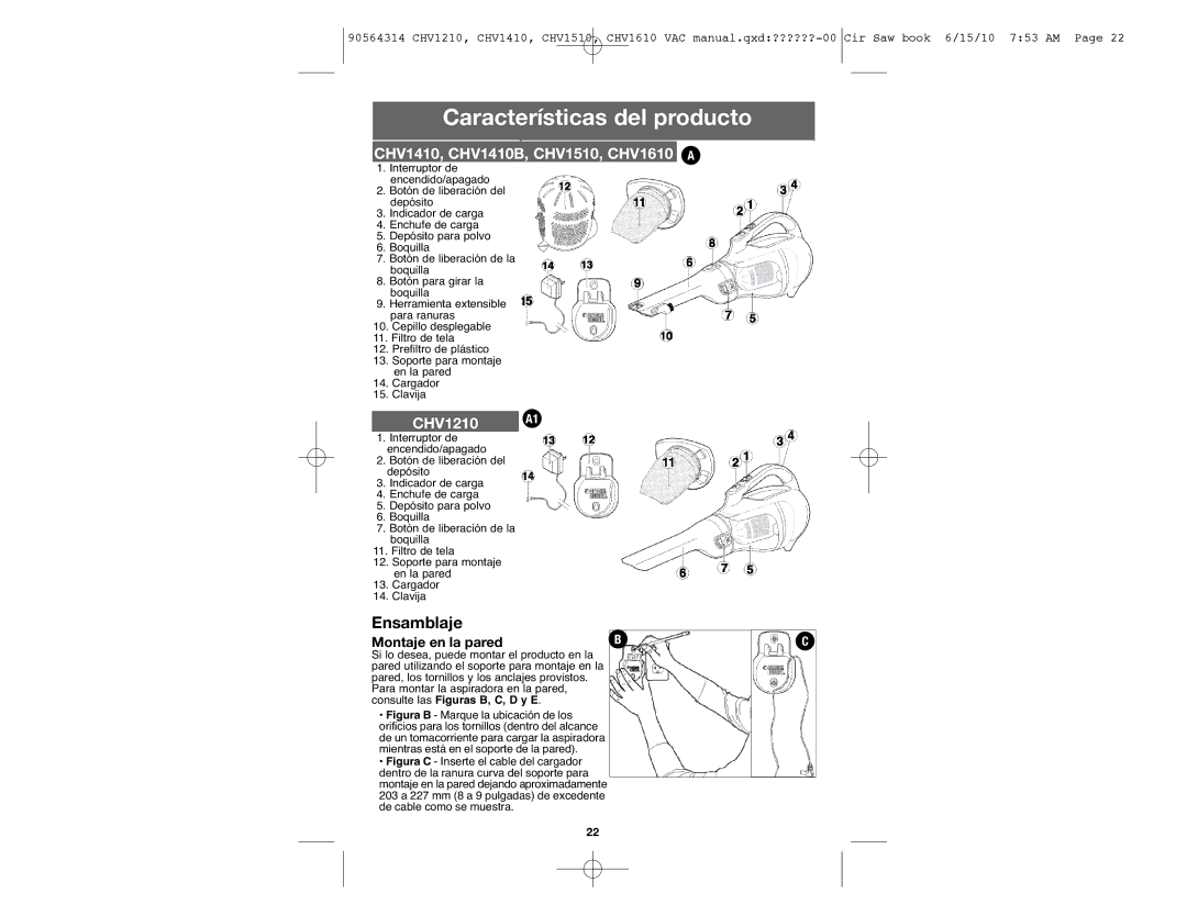 Black & Decker CHV1510, CHV1610, CHV1210, CHV1410B instruction manual Características del producto, Ensamblaje 