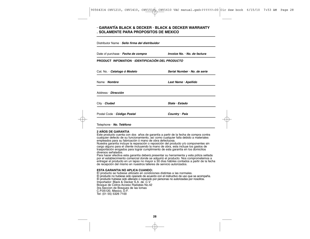 Black & Decker CHV1210, CHV1510, CHV1610, CHV1410B instruction manual Product Infomation · Identificación DEL Producto 