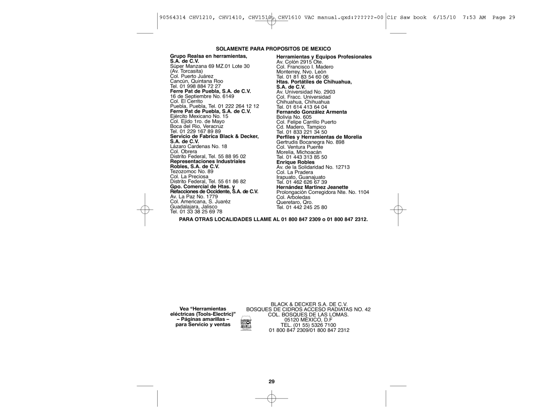 Black & Decker CHV1410B, CHV1510, CHV1610, CHV1210 instruction manual Solamente Para Propositos DE Mexico 