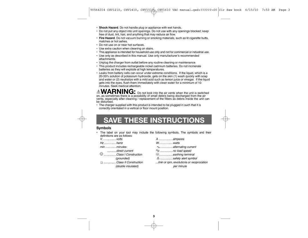 Black & Decker CHV1210, CHV1510, CHV1610, CHV1410B instruction manual Symbols 