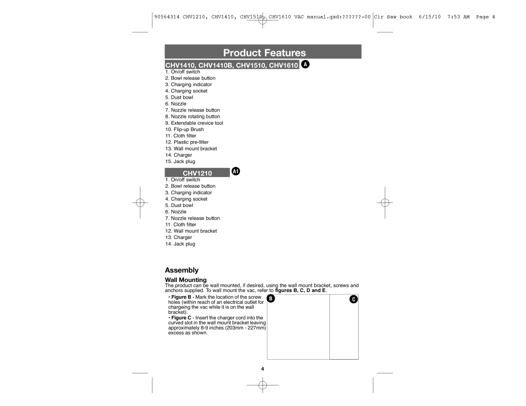 Black & Decker CHV1410B, CHV1510, CHV1610, CHV1210 instruction manual Assembly, Wall Mounting 