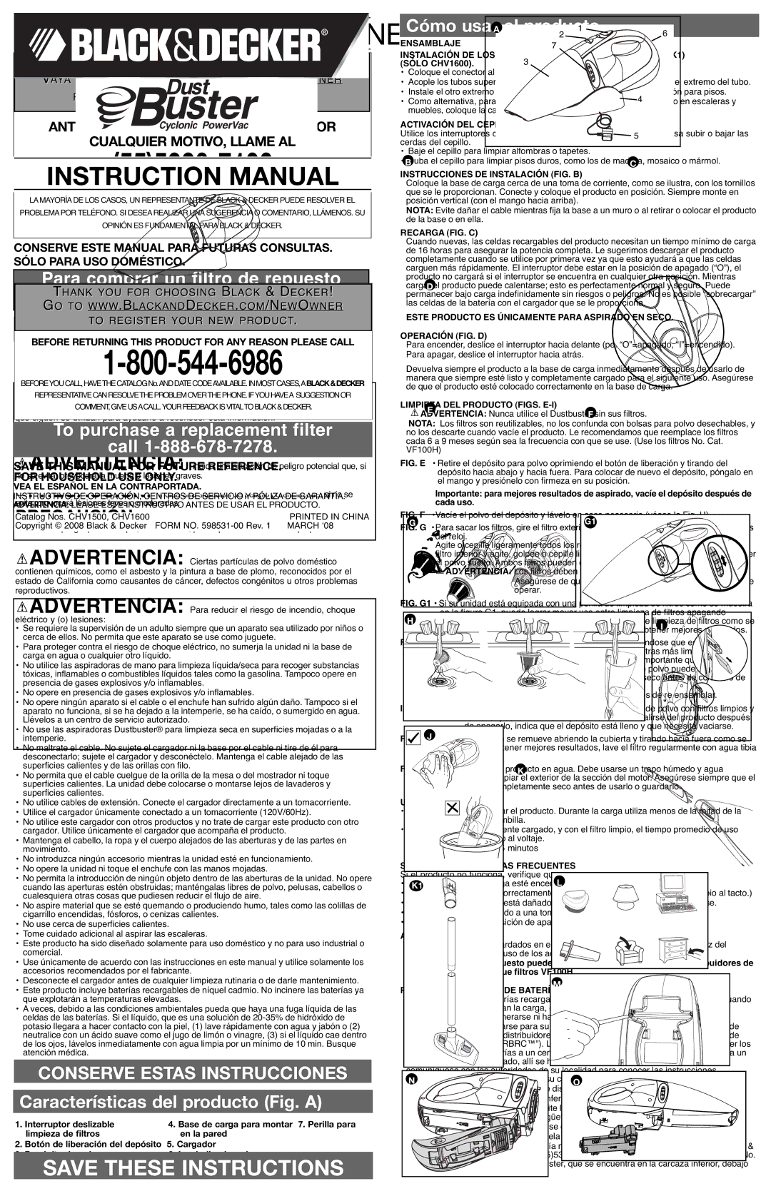 Black & Decker CHV1600 Activación DEL Cepillo, Instrucciones DE Instalación FIG. B, Recarga FIG. C, USO Económico 