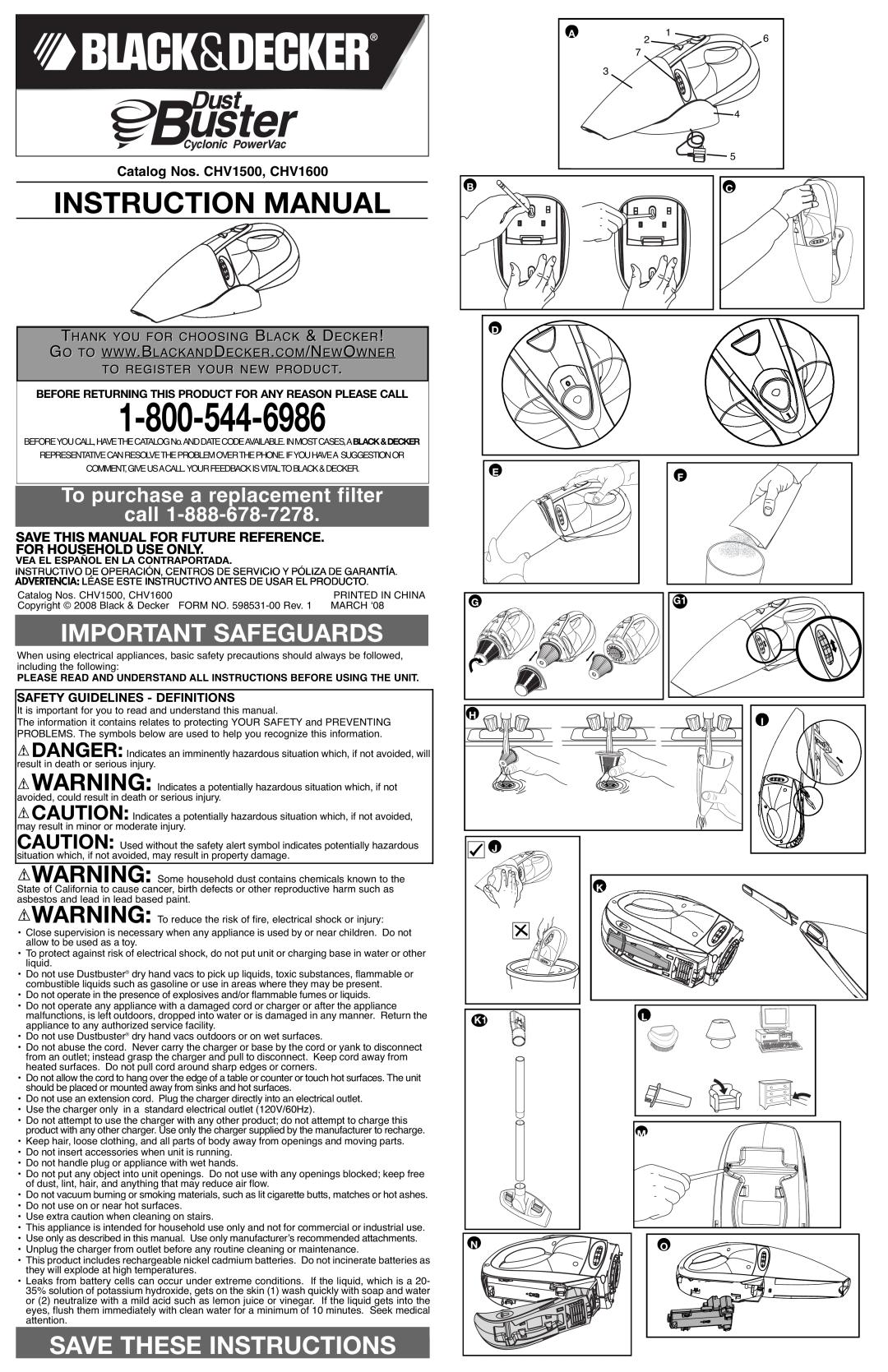 Black & Decker 598531-00, CHV1600 instruction manual Instruction Manual, Important Safeguards, Save These Instructions 