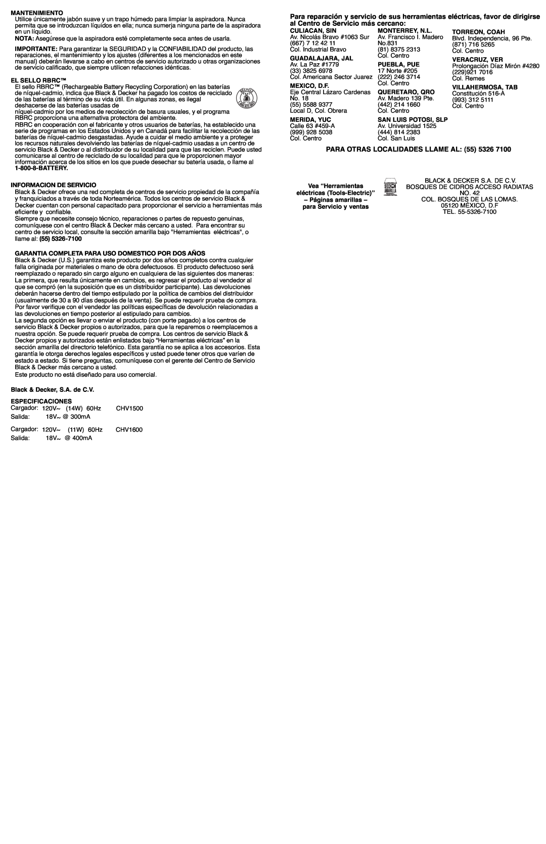 Black & Decker 598531-00, CHV1600 Informacion De Servicio, Garantia Completa Para Uso Domestico Por Dos Años 
