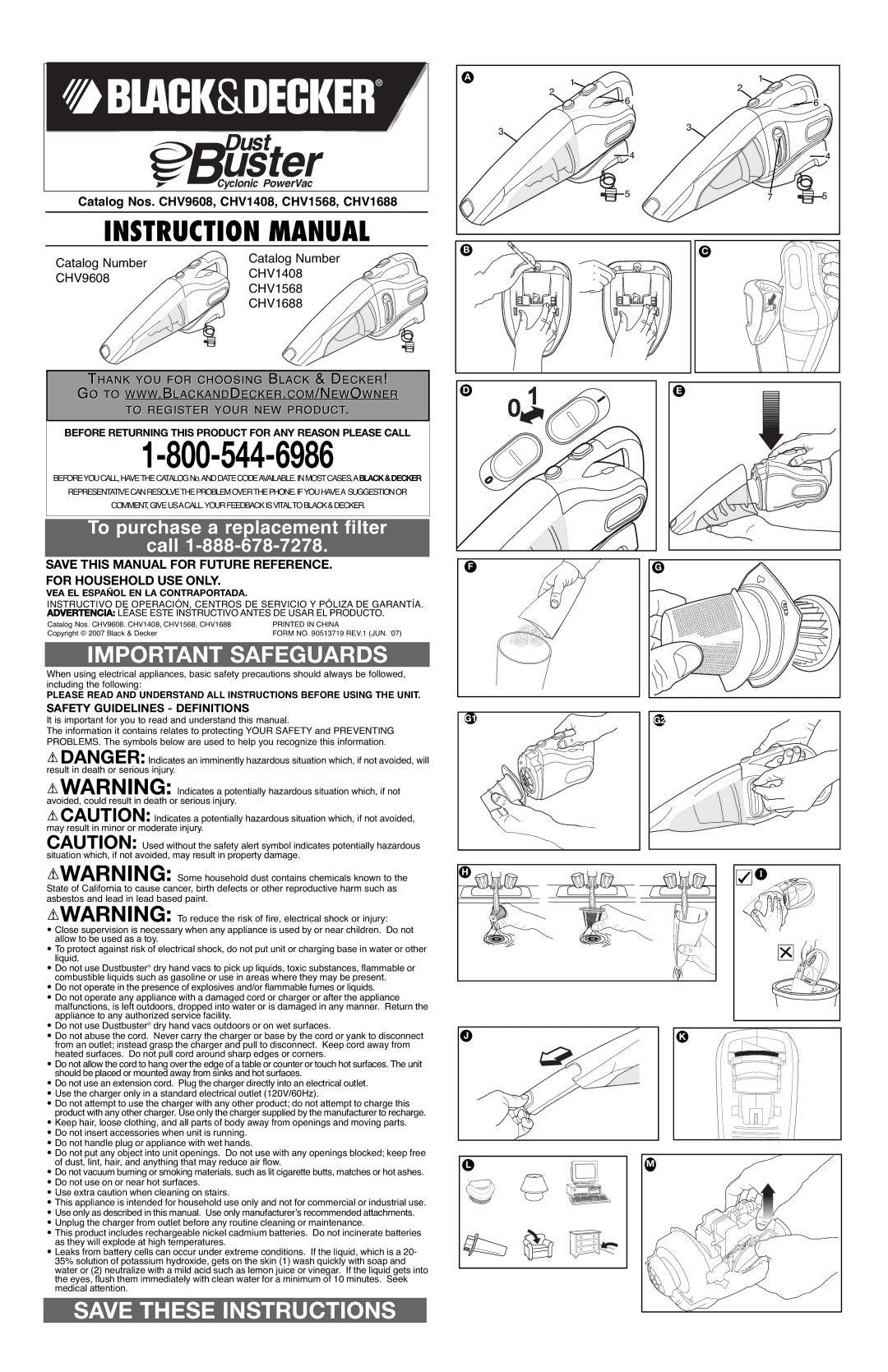 Black & Decker instruction manual Catalog Nos. CHV9608, CHV1408, CHV1568, CHV1688, VEA EL Español EN LA Contraportada 