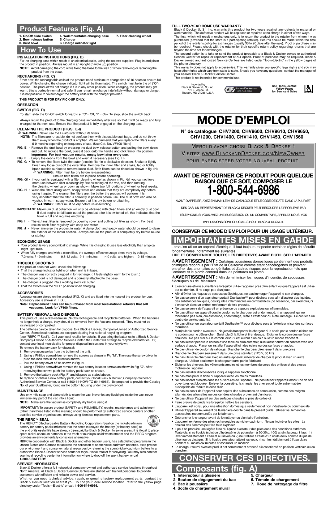 Black & Decker CHV9600 Installation Instructions FIG. B, Recharging FIG. C, Operation Switch FIG. D, Economic Usage 