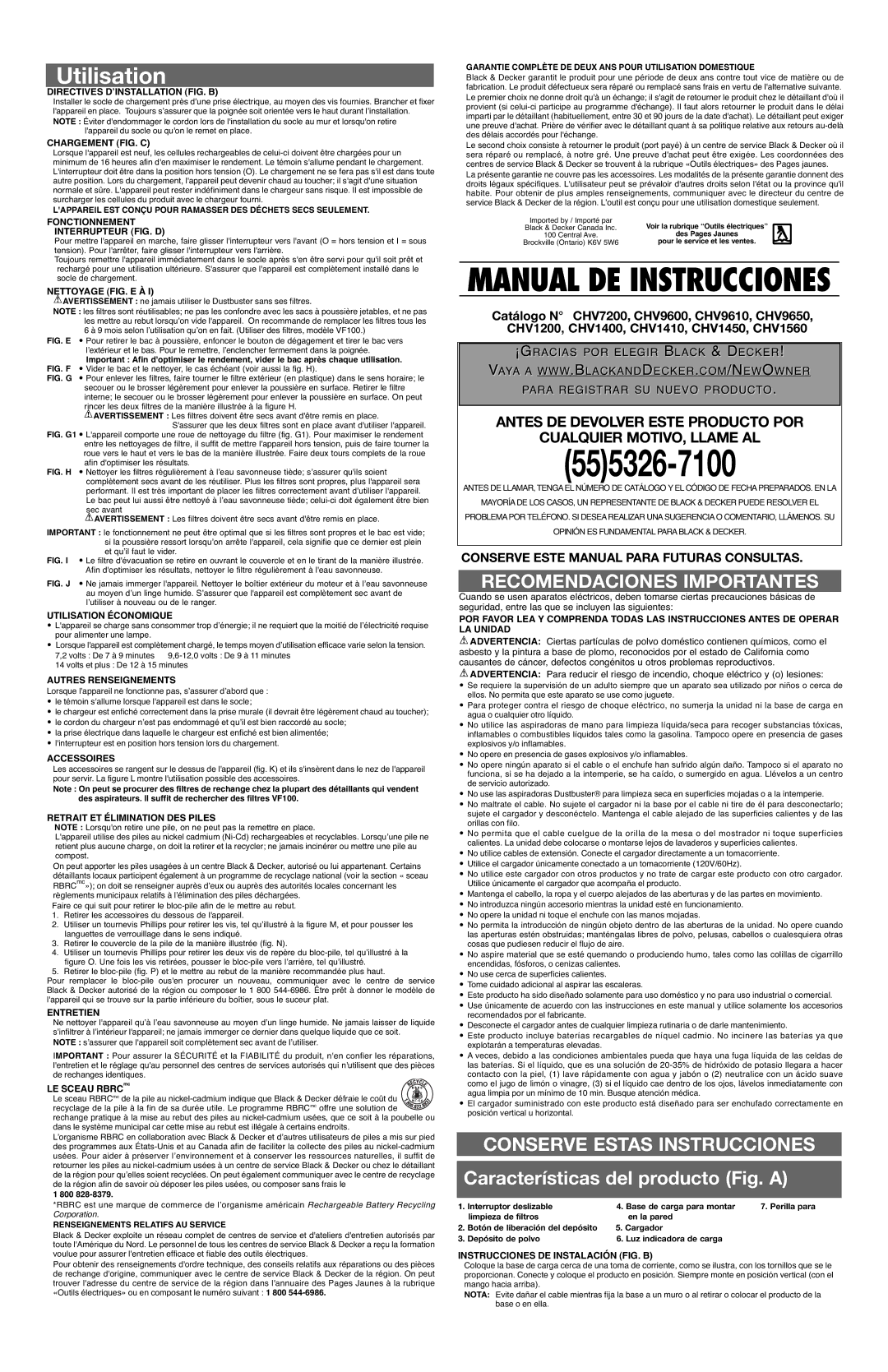 Black & Decker CHV7200 Directives D’INSTALLATION FIG. B, Chargement FIG. C, Fonctionnement Interrupteur FIG. D, Entretien 