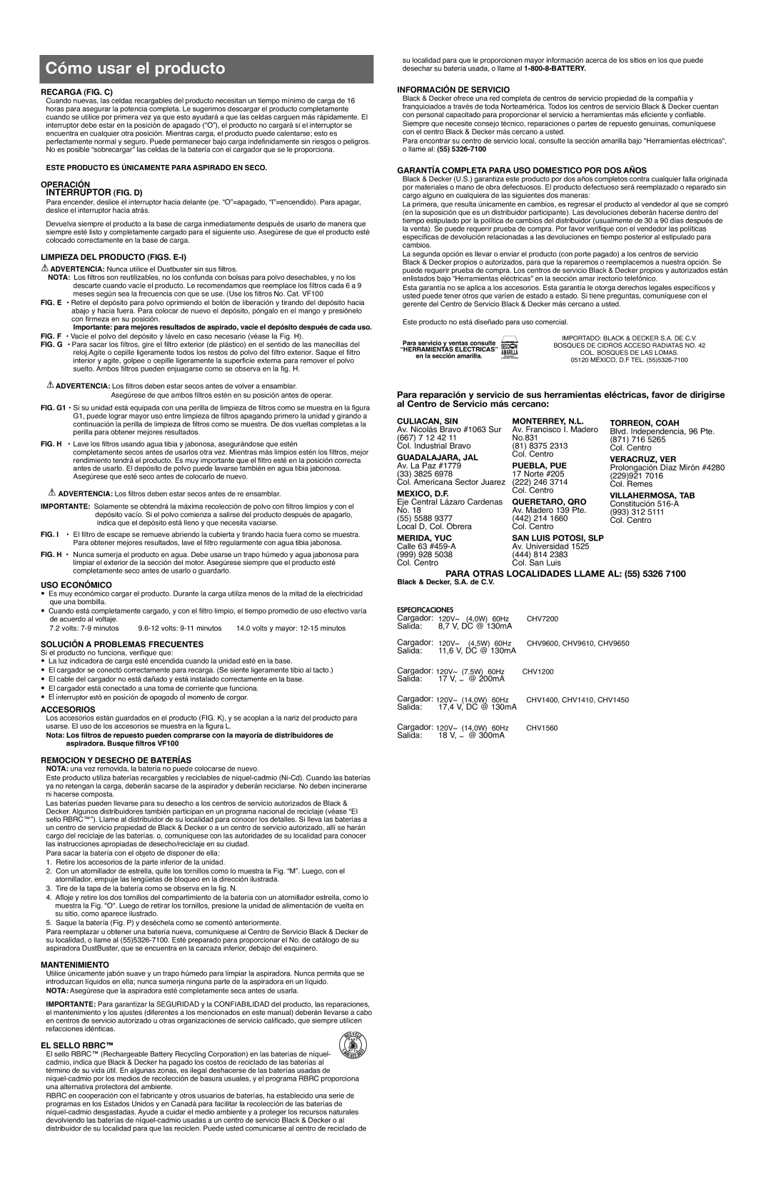 Black & Decker 90515256 Recarga FIG. C, Operación, Limpieza DEL Producto FIGS. E-I, Información DE Servicio, USO Económico 