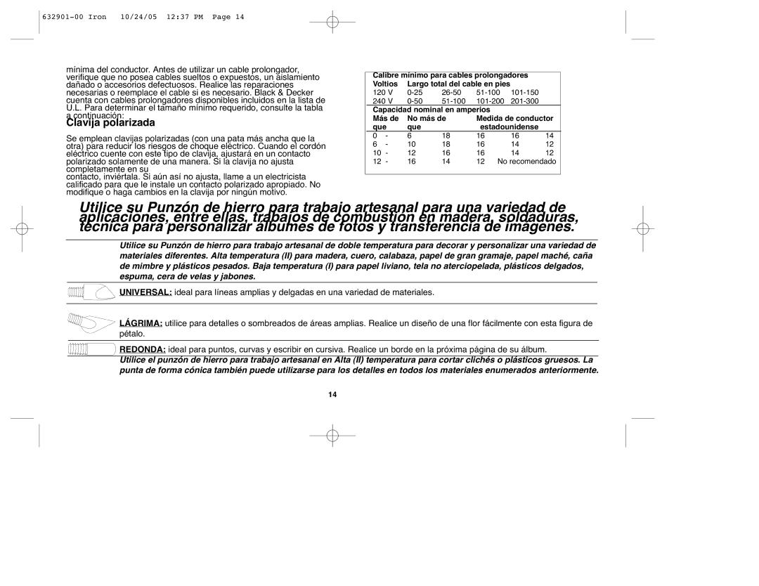 Black & Decker CI500, 632901-00 instruction manual Clavija polarizada, Calibre mínimo para cables prolongadores Voltios 