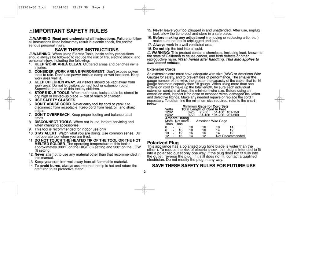 Black & Decker CI500, 632901-00 instruction manual Polarized Plug, Extension Cords, Volts 120V Ampere Rating 