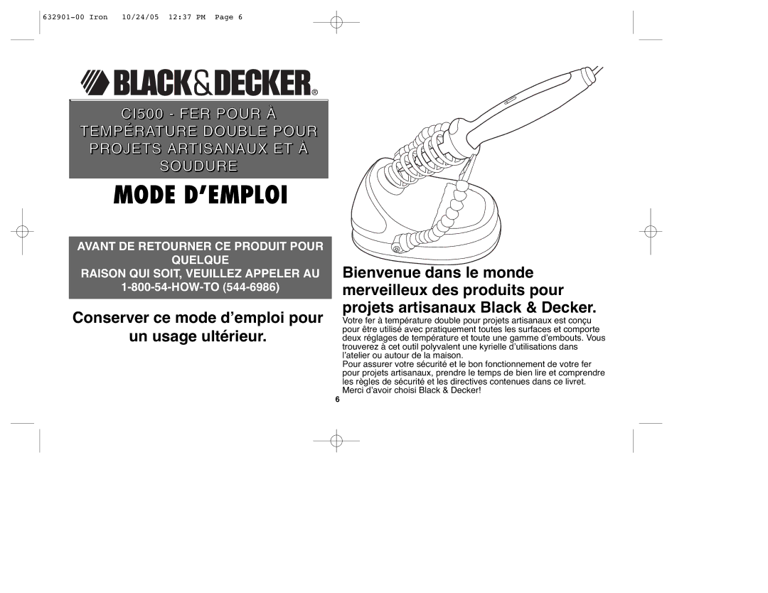 Black & Decker CI500, 632901-00 instruction manual Mode D’EMPLOI 