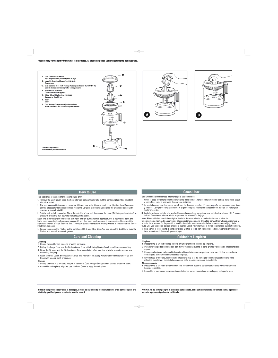 Black & Decker CJ01 warranty How to Use, Como Usar, Care and Cleaning, Cuidado y Limpieza 