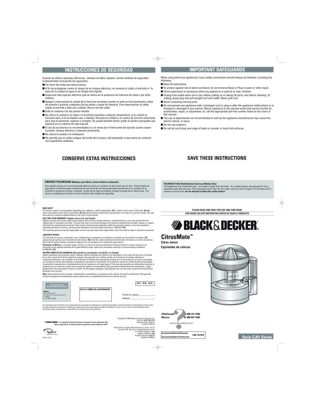 Black & Decker warranty Serie CJ01 Series, CitrusMate, Instrucciones De Seguridad, Important Safeguards 