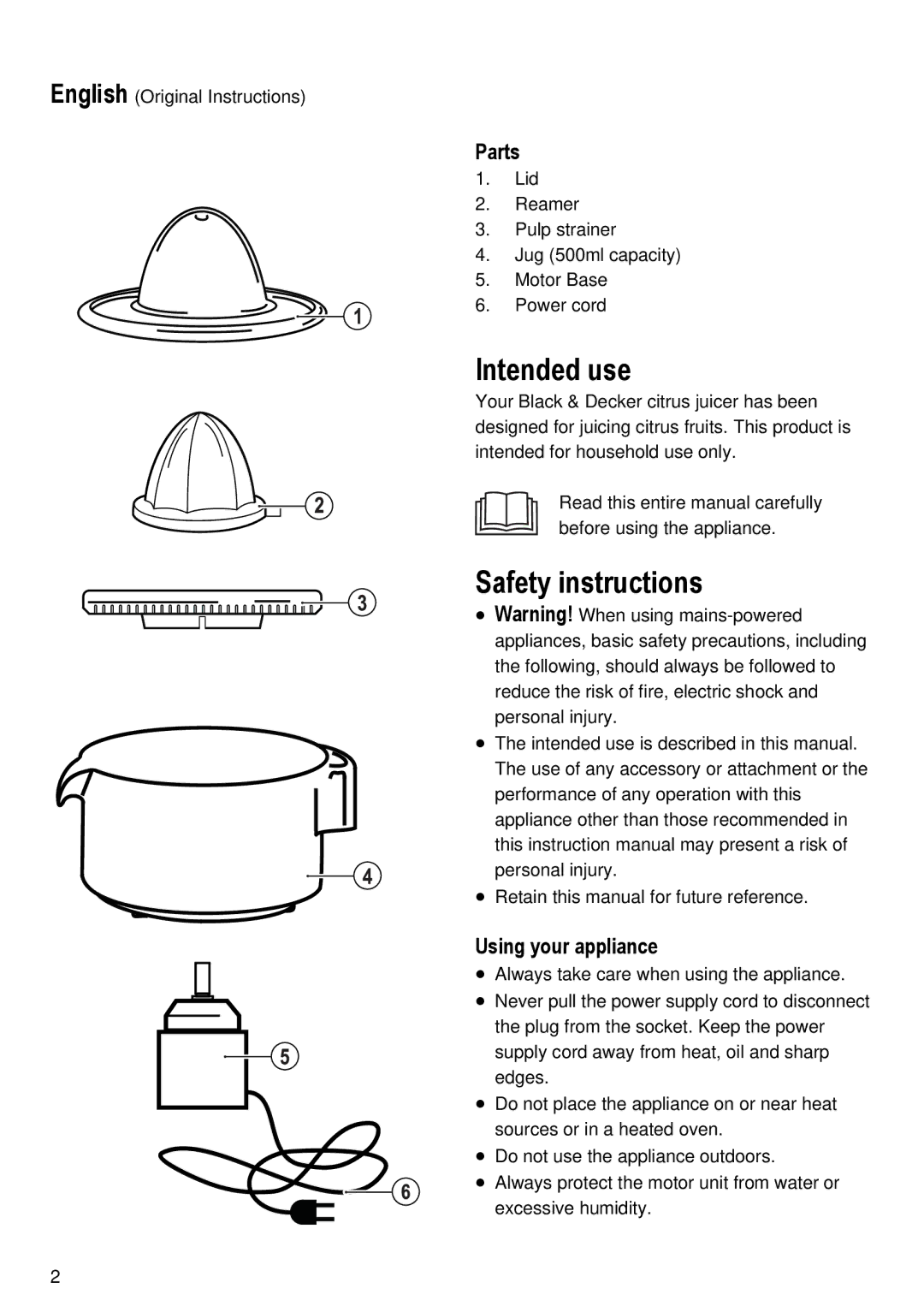 Black & Decker CJ500 manual Intended use, Safety instructions, Parts, Using your appliance 