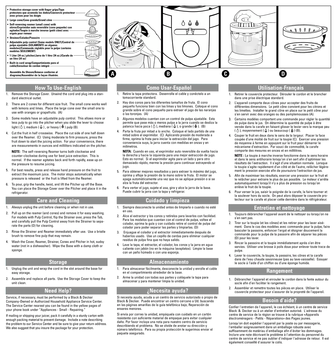 Black & Decker CJ500 How To Use-English Como Usar-Español, Care and Cleaning, Storage, Need Help?, Cuidado y limpieza 