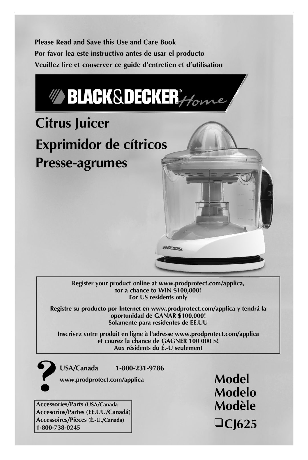 Black & Decker manual Exprimidor de cítricos Presse-agrumes, Model Modelo Modèle CJ625, USA/Canada 