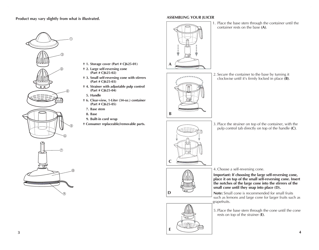 Black & Decker CJ625 manual Product may vary slightly from what is illustrated, Assembling your Juicer, Grapefruits 