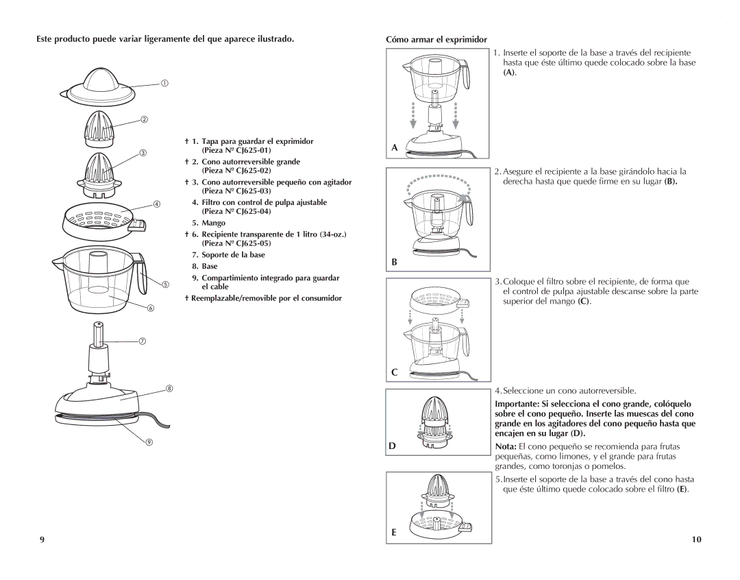 Black & Decker CJ625 manual Nota El cono pequeño se recomienda para frutas 