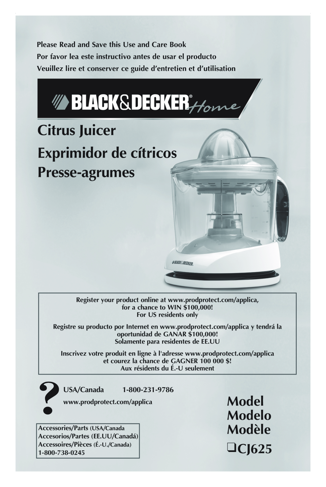 Black & Decker manual exprimidor de cítricos Presse-agrumes, Model Modelo Modèle CJ625, citrus Juicer, USA/Canada 