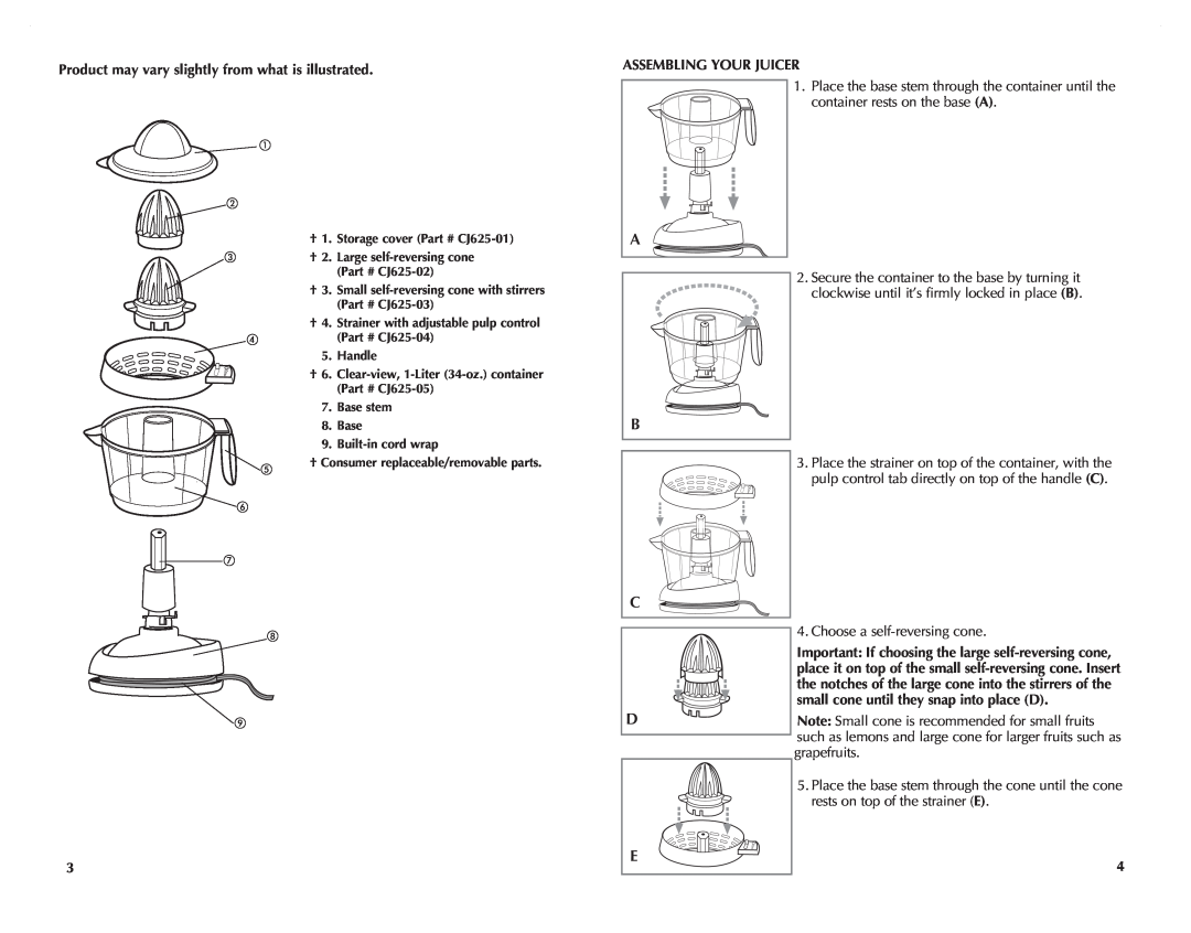 Black & Decker CJ625 manual Assembling your Juicer, Choose a self-reversingcone, small cone until they snap into place D 