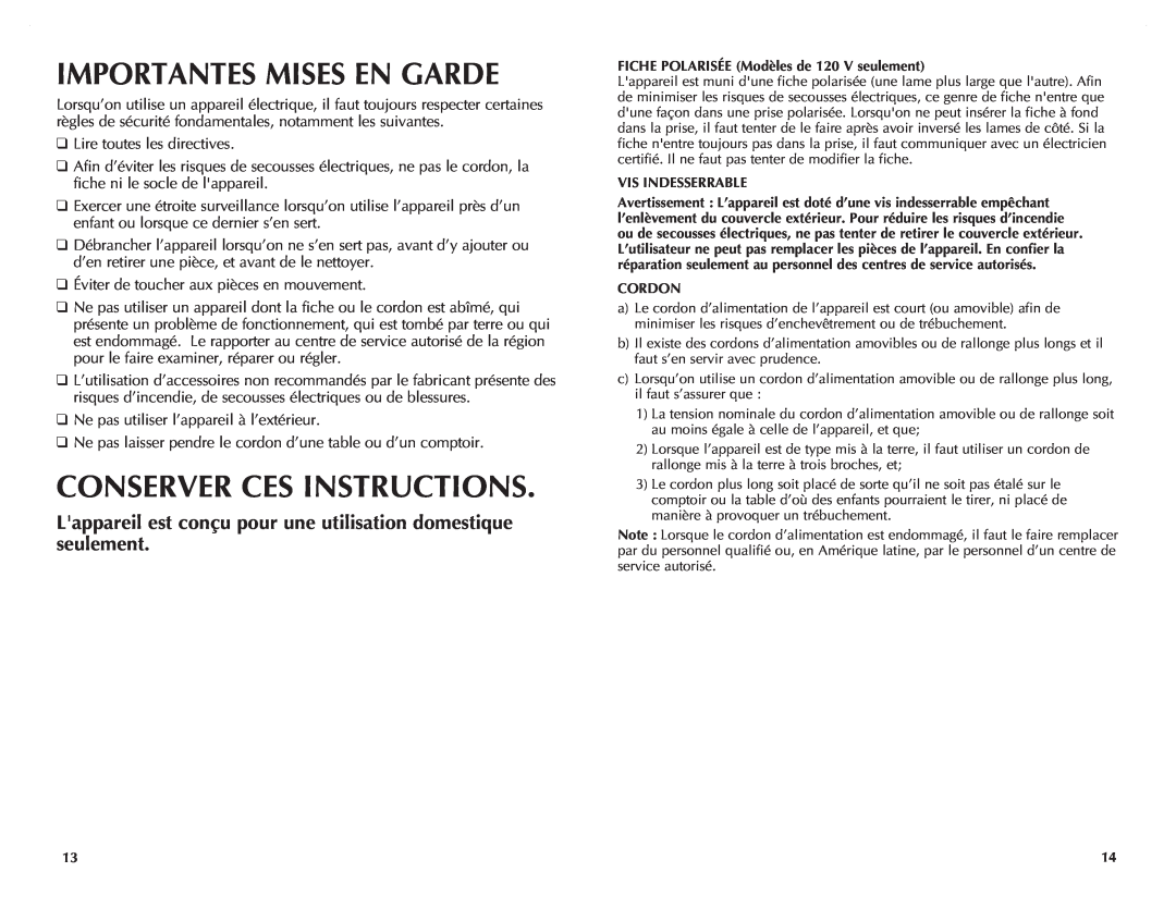 Black & Decker CJ625 manual Importantes Mises En Garde, Conserver Ces Instructions 