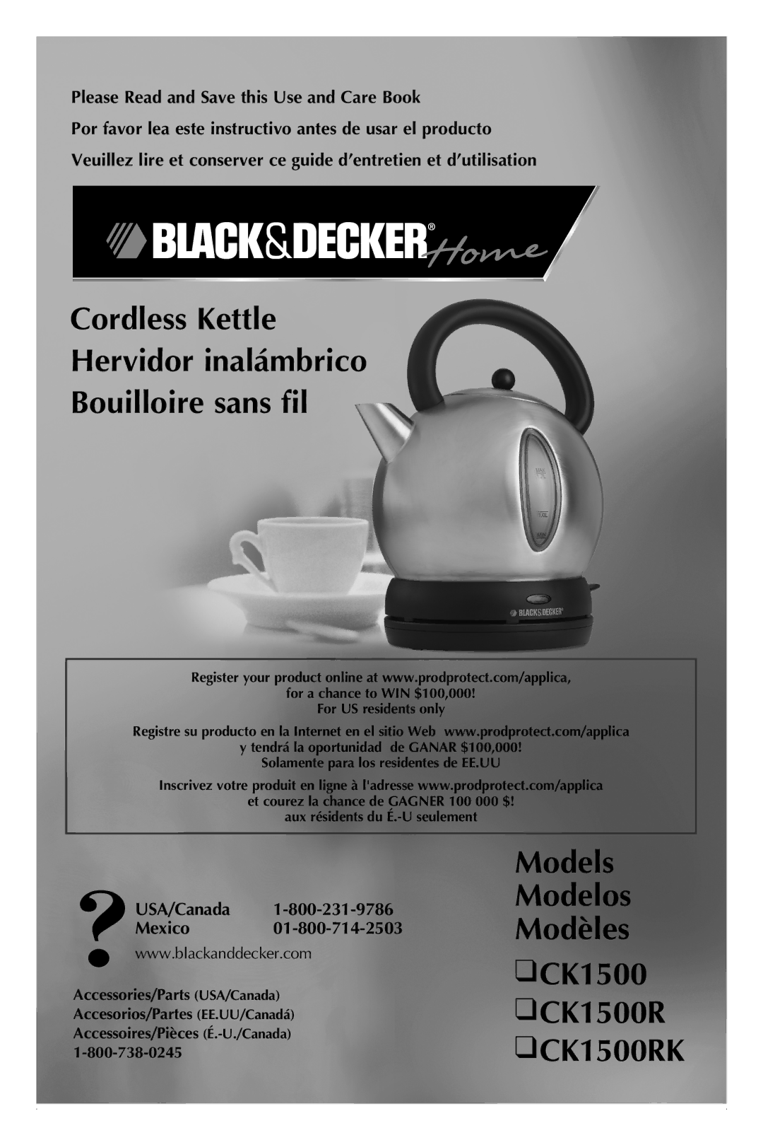 Black & Decker CK1500RK manual Cordless Kettle Hervidor inalámbrico Bouilloire sans fil, USA/Canada Mexico 