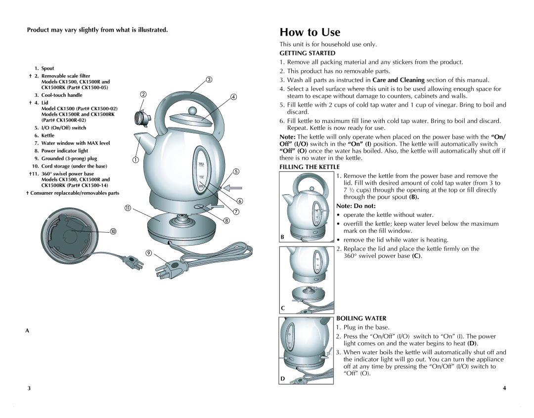 Black & Decker CK1500R How to Use, Product may vary slightly from what is illustrated, Getting Started, Filling the Kettle 