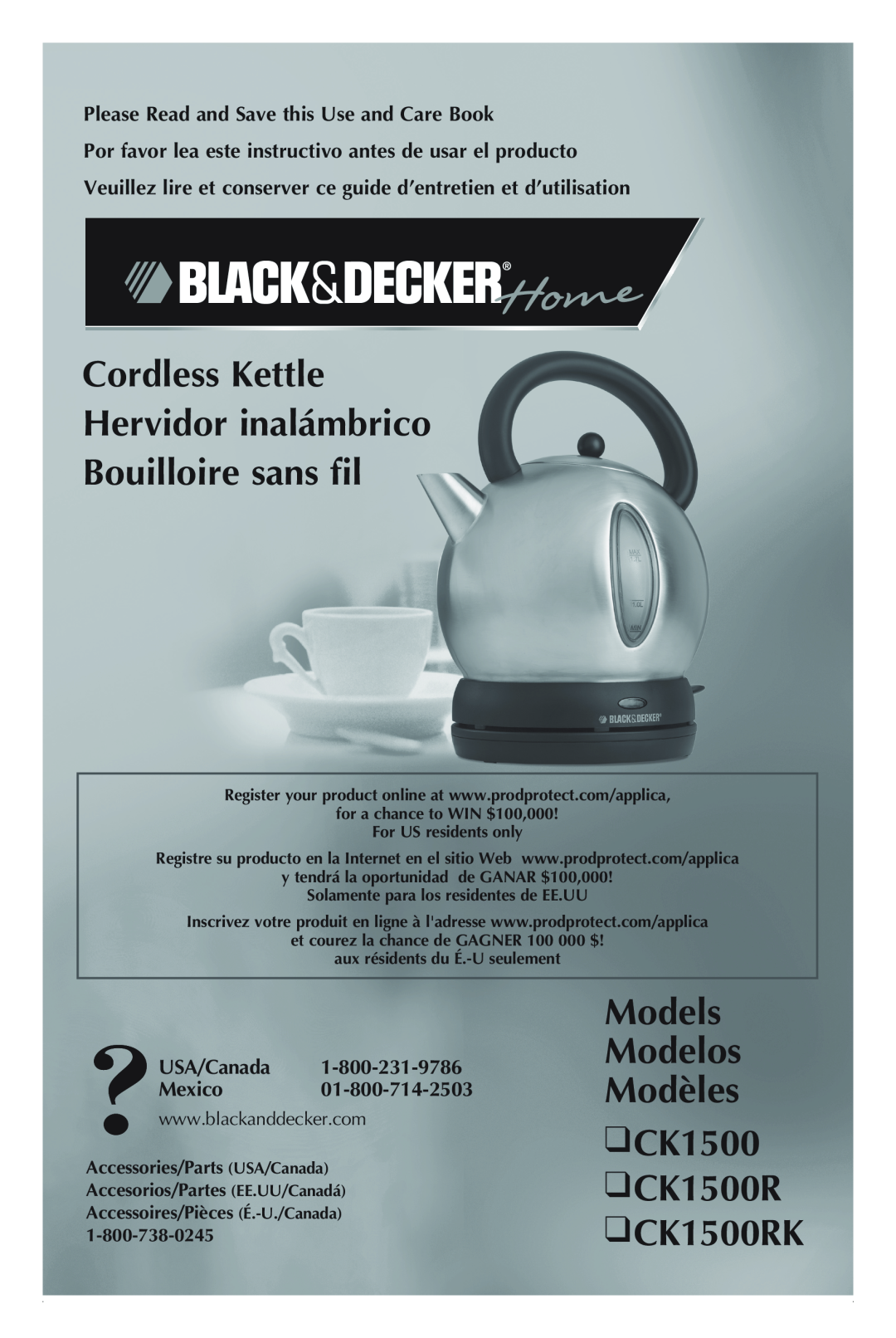 Black & Decker CK1500RK manual Cordless Kettle Hervidor inalámbrico Bouilloire sans fil, USA/Canada Mexico 