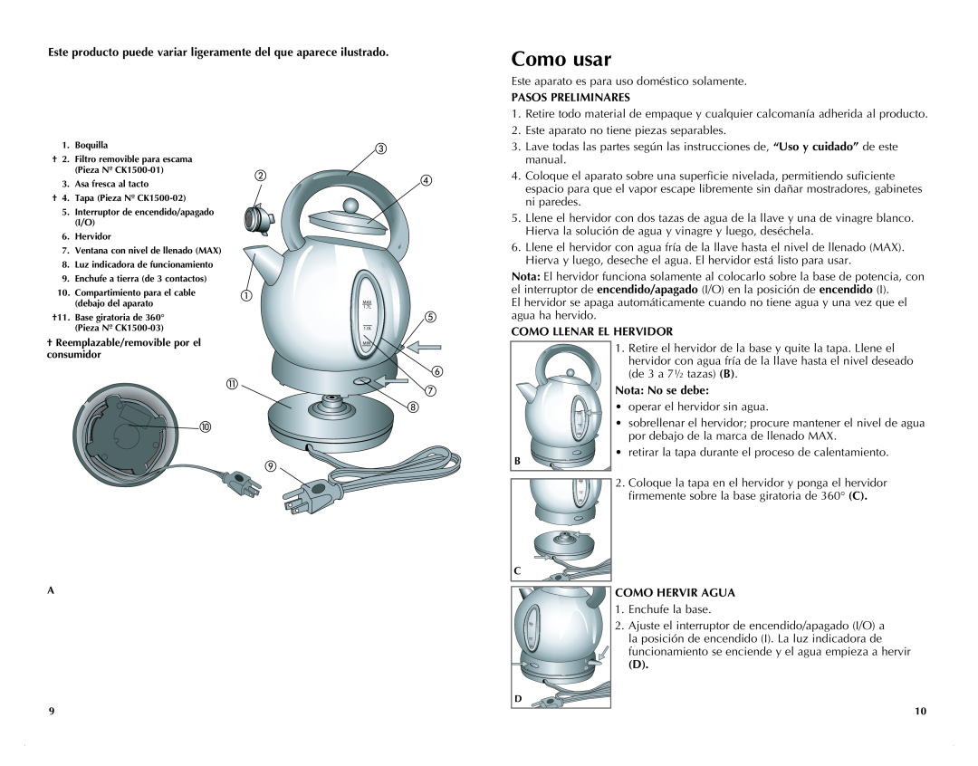 Black & Decker CK1500RK manual Como usar, Pasos Preliminares, Como Llenar El Hervidor, Nota No se debe, Como Hervir Agua 