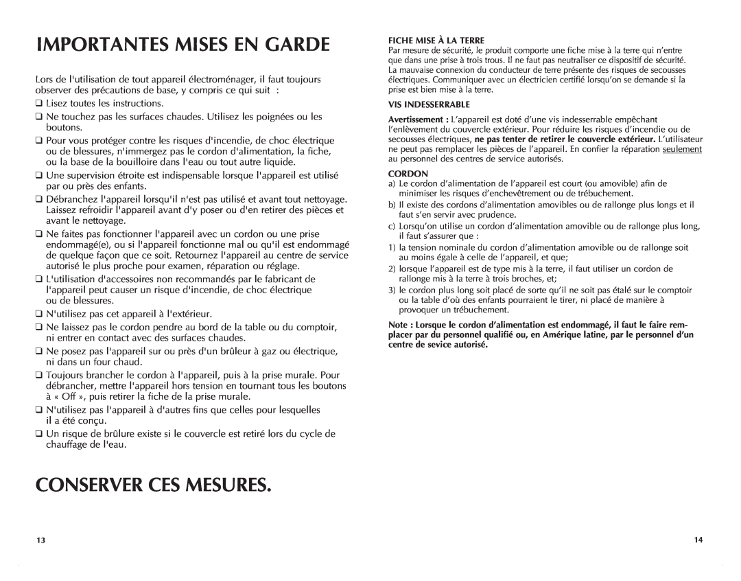 Black & Decker CK1500RK manual Importantes Mises En Garde, Conserver Ces Mesures 